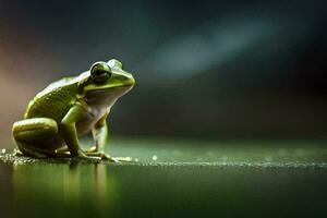 ein Frosch Sitzung auf das Boden mit ein verschwommen Hintergrund. KI-generiert foto