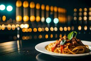 ein Teller von Spaghetti mit Fleisch und Gemüse auf ein Tabelle im Vorderseite von ein Stadtbild. KI-generiert foto