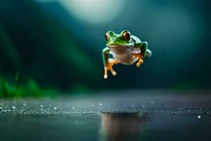 ein Frosch Springen Über ein Pfütze im das Regen. KI-generiert foto