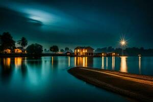 ein Haus auf das Wasser beim Nacht. KI-generiert foto