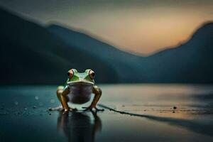 ein Frosch ist Stehen auf das Kante von ein See. KI-generiert foto