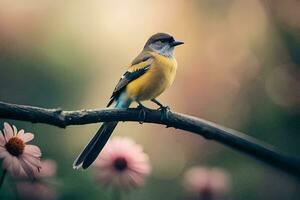 ein Vogel sitzt auf ein Ast mit Blumen im das Hintergrund. KI-generiert foto