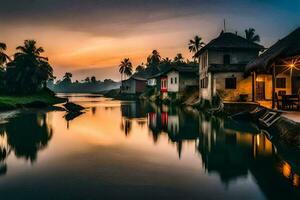 Foto Hintergrund das Himmel, Wasser, Fluss, Haus, Sonnenuntergang, das Dorf, das Fluss,. KI-generiert