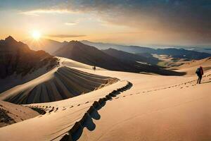 ein Mann Gehen über ein Sand Düne beim Sonnenuntergang. KI-generiert foto