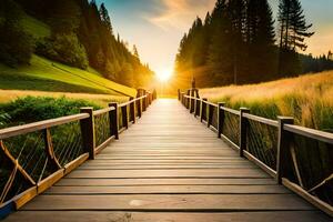 ein hölzern Brücke führt zu ein Sonnenuntergang im das Berge. KI-generiert foto