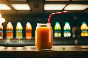 ein Glas von Orange Saft auf ein hölzern Tisch. KI-generiert foto