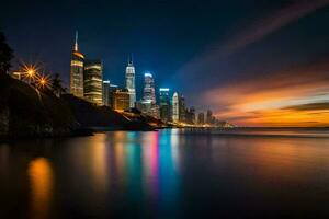 das Stadt Horizont beim Nacht mit das Wasser und das Himmel. KI-generiert foto