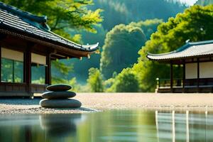 ein japanisch Stil Haus mit ein Teich im Vorderseite von Es. KI-generiert foto