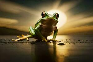 ein Frosch Sitzung auf das Boden im Vorderseite von das Sonne. KI-generiert foto