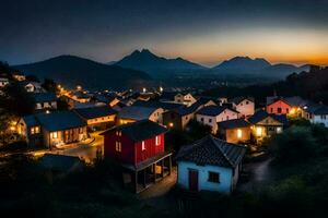 ein Stadt, Dorf beim Dämmerung mit Berge im das Hintergrund. KI-generiert foto