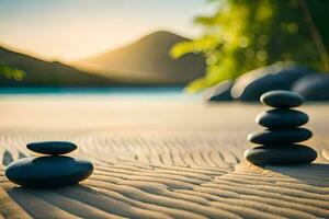 Zen Steine auf das Strand beim Sonnenuntergang. KI-generiert foto