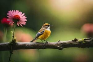 ein klein Vogel sitzt auf ein Ast mit Rosa Blumen. KI-generiert foto