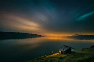 ein klein Hütte sitzt auf das Ufer von ein See beim Sonnenuntergang. KI-generiert foto