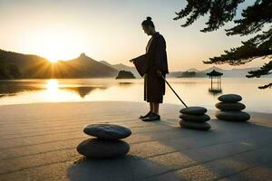 ein Mann im ein Kimono ist Stehen auf ein Strand mit Steine. KI-generiert foto