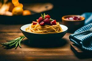 Spaghetti mit Erdbeeren und Rosmarin auf ein hölzern Tisch. KI-generiert foto