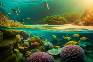 unter Wasser Szene mit Koralle Riffe und Fisch. KI-generiert foto