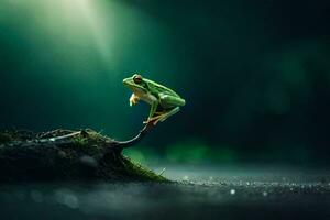 ein Frosch ist thront auf oben von ein Baum Ast. KI-generiert foto