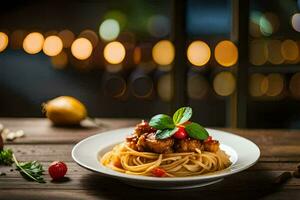 Spaghetti mit Fleisch und Tomaten auf ein Platte. KI-generiert foto