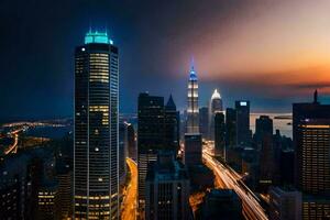 das Stadt Horizont beim Nacht mit der Verkehr Beleuchtung. KI-generiert foto