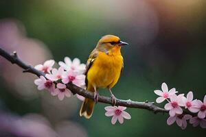 ein Gelb Vogel sitzt auf ein Ast mit Rosa Blumen. KI-generiert foto