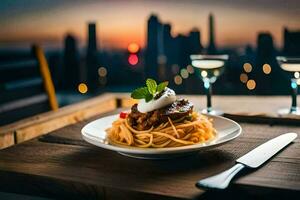 Spaghetti mit Fleisch und Käse auf ein Teller mit ein Aussicht von das Stadt. KI-generiert foto