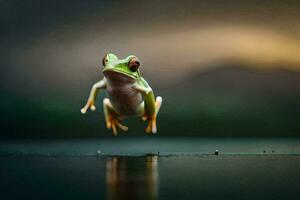 ein Frosch Springen in das Luft mit es ist Augen geschlossen. KI-generiert foto