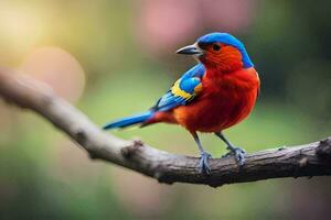 ein bunt Vogel sitzt auf ein Ast. KI-generiert foto