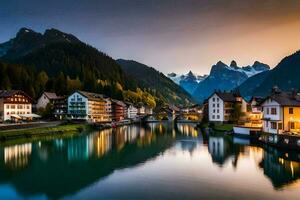 das schön Stadt, Dorf von Schweiz beim Sonnenuntergang. KI-generiert foto