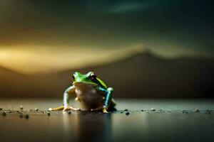 ein Frosch Sitzung auf das Boden im Vorderseite von ein Berg. KI-generiert foto