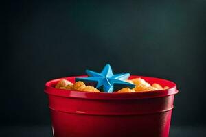 ein rot Eimer gefüllt mit Popcorn und ein Blau Stern. KI-generiert foto