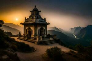 ein klein Tempel sitzt auf oben von ein Berg beim Sonnenuntergang. KI-generiert foto