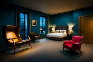ein Hotel Zimmer mit ein Bett, Stuhl und Lampe. KI-generiert foto