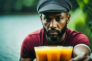 ein Mann halten drei Brille von Orange Saft. KI-generiert foto