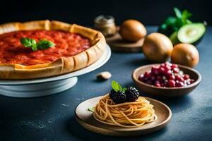 ein Pizza mit Tomaten, Basilikum und andere Zutaten. KI-generiert foto