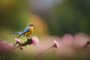 ein Blau und Orange Vogel ist thront auf ein Blume. KI-generiert foto