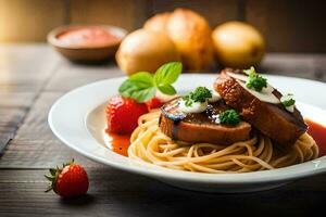 Spaghetti mit Fleisch und Soße auf ein hölzern Tisch. KI-generiert foto