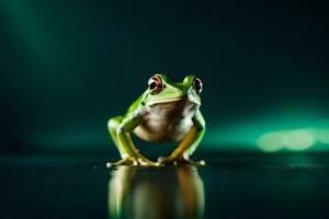 ein Frosch ist Stehen auf ein dunkel Oberfläche. KI-generiert foto