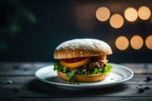 ein Hamburger auf ein Teller mit Beleuchtung im das Hintergrund. KI-generiert foto