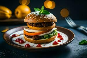 ein Burger mit Käse, Tomaten und Grüner Salat auf ein Platte. KI-generiert foto