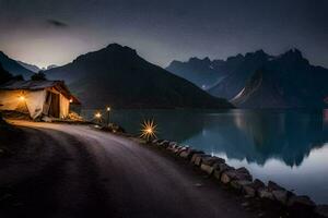 ein Kabine sitzt auf das Seite von ein See beim Nacht. KI-generiert foto