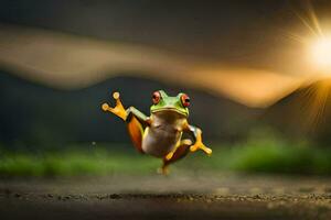 ein Frosch Springen im das Luft mit das Sonne im das Hintergrund. KI-generiert foto