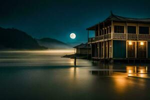 ein Haus auf das Wasser beim Nacht mit ein voll Mond. KI-generiert foto