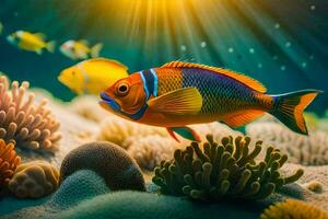 Foto Hintergrund Fisch, Koralle, das Ozean, das Sonne, das Meer, das Sonne, Die. KI-generiert