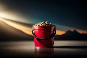 ein rot Eimer gefüllt mit Erdnüsse auf ein Tisch. KI-generiert foto