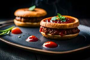 zwei Hamburger auf ein schwarz Teller mit Tomate Soße. KI-generiert foto