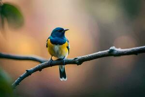 ein Blau und Gelb Vogel Sitzung auf ein Ast. KI-generiert foto