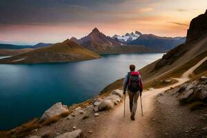 ein Mann mit ein Rucksack Spaziergänge oben ein Berg Weg zu ein See. KI-generiert foto