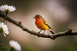 ein klein Orange Vogel ist Sitzung auf ein Ast. KI-generiert foto