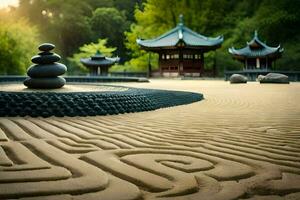 ein Zen Garten mit Steine und ein Pagode. KI-generiert foto