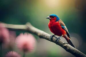 ein rot und Blau Vogel Sitzung auf ein Ast. KI-generiert foto